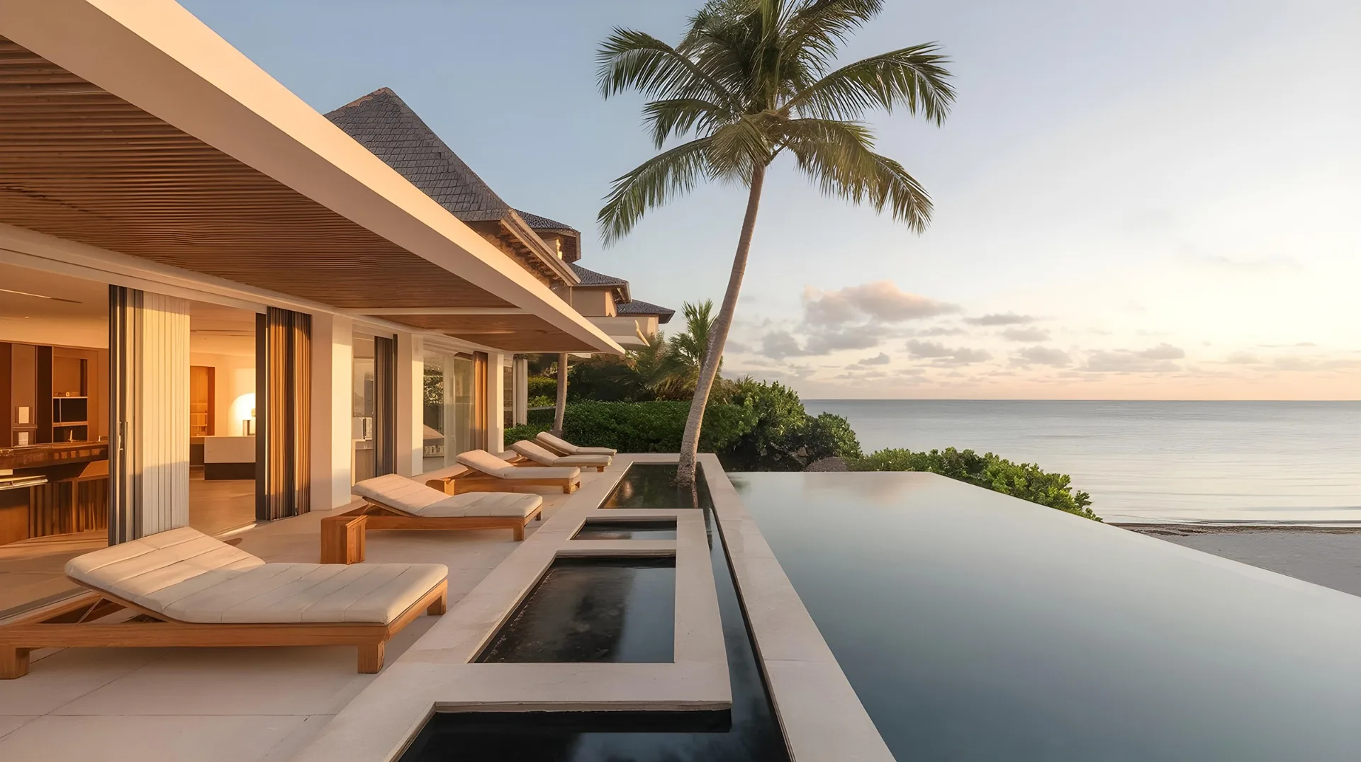 Concept reference: private beachfront villa terrace at twilight
